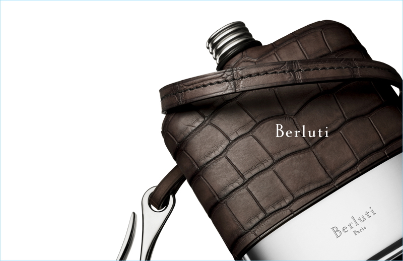 Berluti showcases its alligator leather covered flask for its fall-winter 2017 campaign.