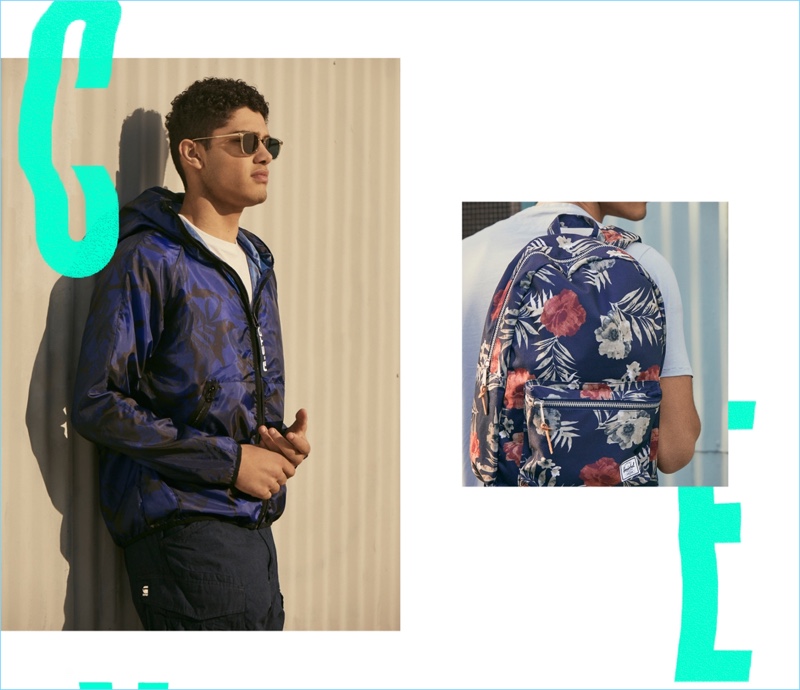 Left: Torin Verdone sports Garrett Leight sunglasses $340 and a G-Star Raw hooded gym bag jacket $150. Right: Ton carries a Hershel Supply Co. peacoat floral print backpack $60.