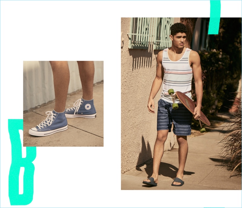 Left: Torin Verdone wears Converse Chuck Taylor ’70 sneakers $85. Right: Torin models an Original Penguin stripe tank $39 and shorts $79. He also wears Brandblack slide sandals $40.