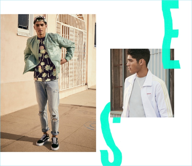 Left: Torin Verdone wears a WeSC hat, nylon bomber jacket $100.80, and Hawaii print pocket tee $34.80. He also sports BlankNYC slim-fit jeans $58.80 and Vans Old Skool sneakers. Right: Torin Verdone wears an Adidas Originals modern track jacket $90.