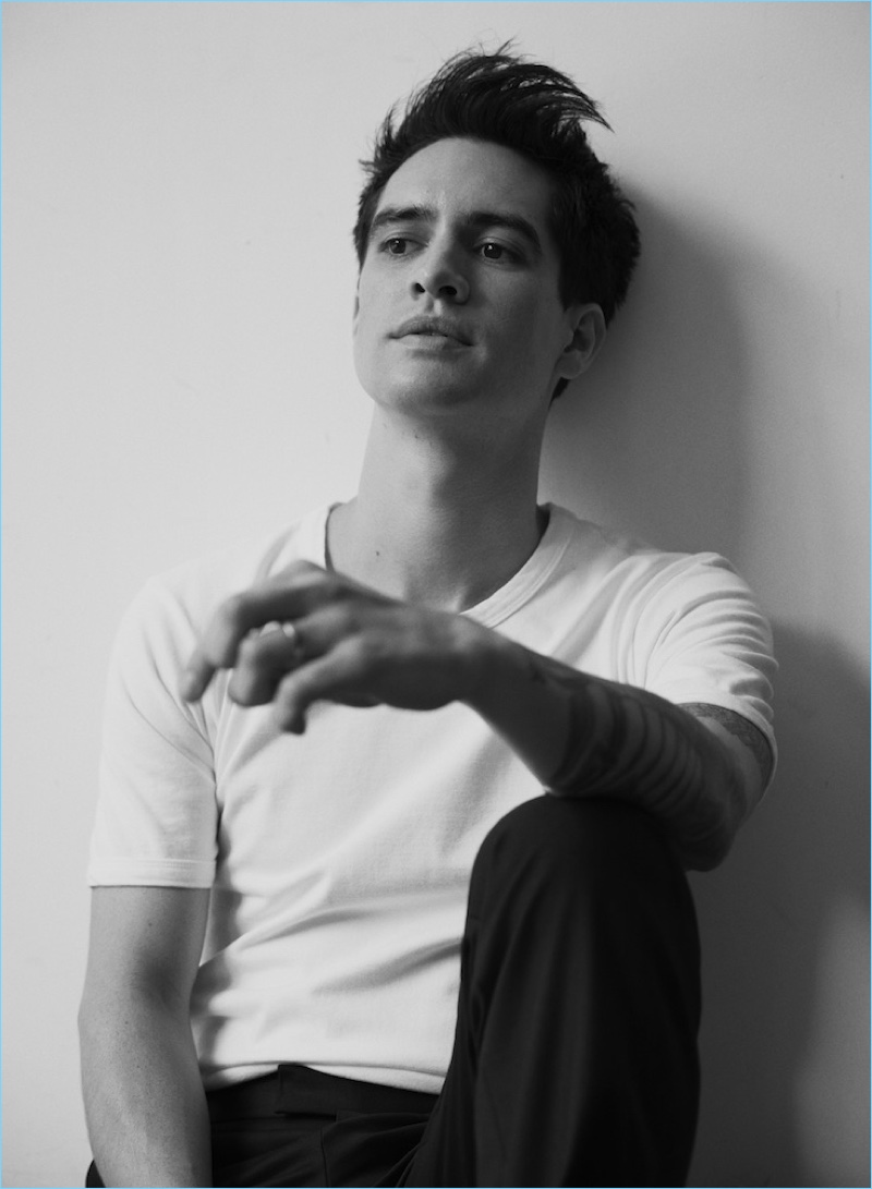 Connecting with Interview magazine, Brendon Urie wears a Frame t-shirt with A.P.C. trousers.