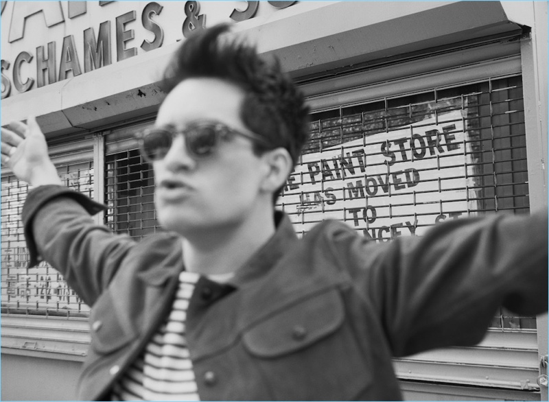 Frida Marklund photographs Brendon Urie in a Sandro jacket with a striped Frame t-shirt.