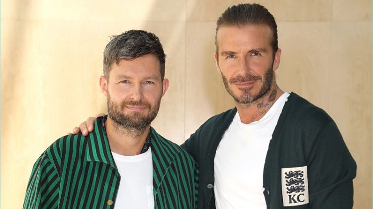 Kent & Curwen creative director Daniel Kearns and David Beckham pose for pictures at the brand's spring-summer 2018 presentation.