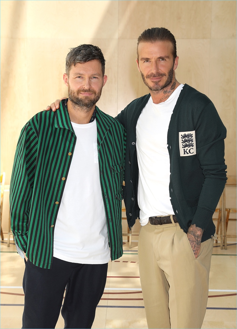Kent & Curwen creative director Daniel Kearns and David Beckham pose for pictures at the brand's spring-summer 2018 presentation.