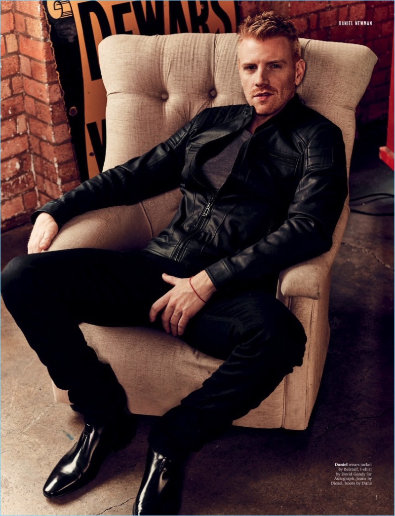 Connecting with Attitude magazine, Daniel Newman wears a Belstaff leather jacket with Diesel jeans and Dune boots. He also rocks a David Gandy for Autograph t-shirt.