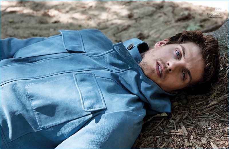 Starring in a Da Man photo shoot, Daniel Sharman shines in a suede Berluti jacket.