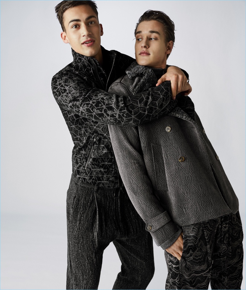 Models Alessio Pozzi and Jegor Venned are stylish partners in crime for Emporio Armani's fall-winter 2017 men's campaign.