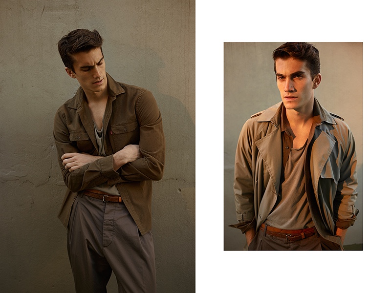 Left: Tomas wears t-shirt Osklen, shirt Levi's, and pants Dsquared2. Right: Tomas wears t-shirt Osklen, shirt Levi's, pants Dsquared2, and trench Ralph Lauren.