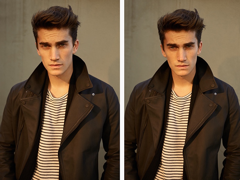 Tomas wears striped sweater H&M, moto jacket Galerias Lafayette and jacket stylist's own.