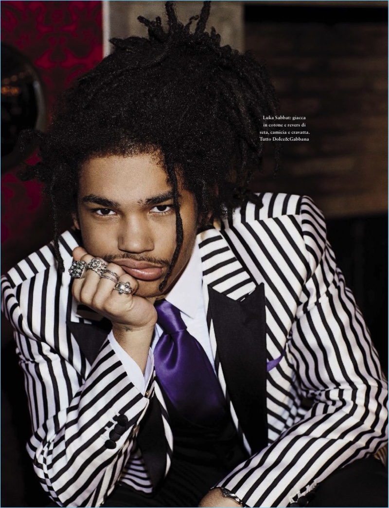 Luka Sabbat wears a striped number from Dolce & Gabbana. » Week in Review: Robert Pattinson for Wonderland, Bill Skarsgård, Millennial Fashion + More Luka Sabbat wears a striped number from Dolce & Gabbana.