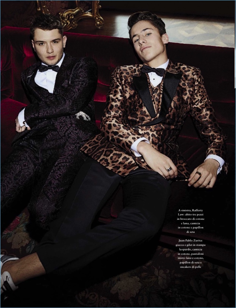 Rafferty Law and Juan Pablo Zurita don dapper tuxedos from Dolce & Gabbana.