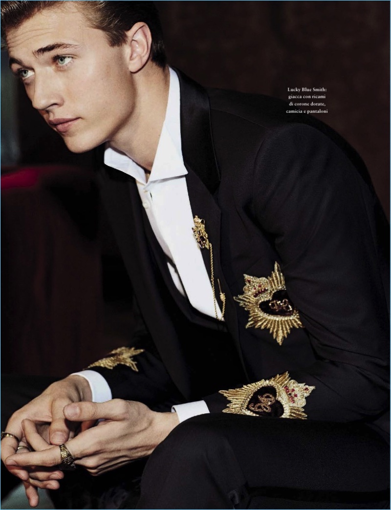 Lucky Blue Smith models a Dolce & Gabbana look for GQ Italia.