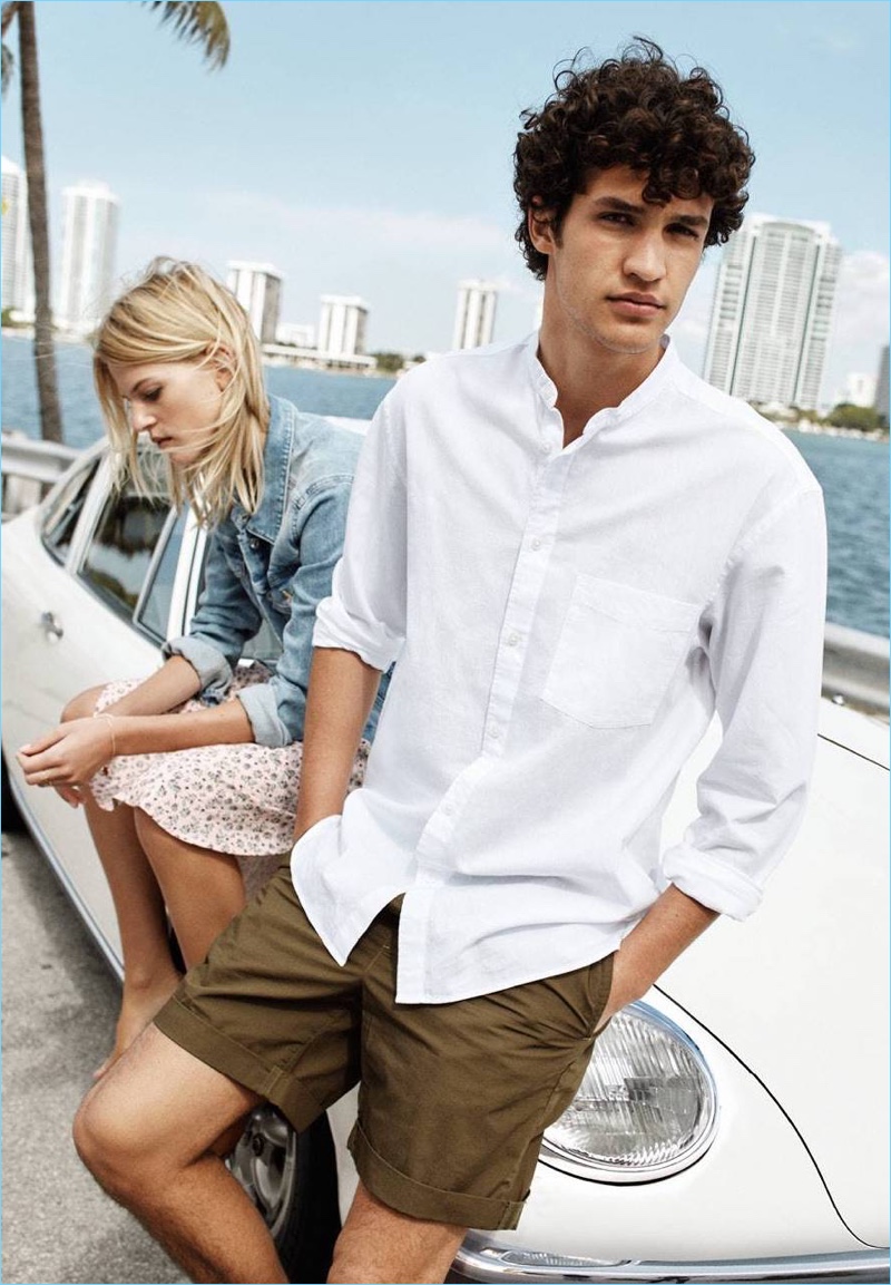 Keep cool in a H&M collarless shirt $34.99 and knee-length cotton shorts $24.99.