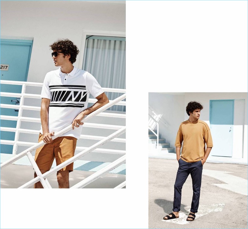 HM Men Summer 2018 Lookbook Undone Style 004 Left: Francisco Henriques wears H&M sunglasses $9.99 with a printed polo $17.99 and chino shorts $17.99. Right: Francisco rocks a H&M short-sleeved sweatshirt $19.99, slim-fit chinos $24.99, and sandals $24.99.
