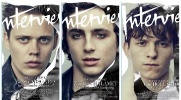 Tom Holland, Bill Skarsgård & Timothée Chalamet Cover Interview Magazine Actors Bill Skarsgård, Timothée Chalamet, and Tom Holland cover the June/July 2017 issue of Interview magazine.