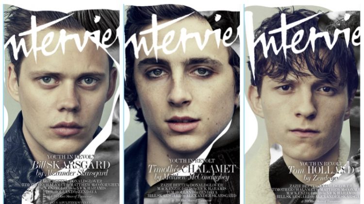 Actors Bill Skarsgård, Timothée Chalamet, and Tom Holland cover the June/July 2017 issue of Interview magazine.