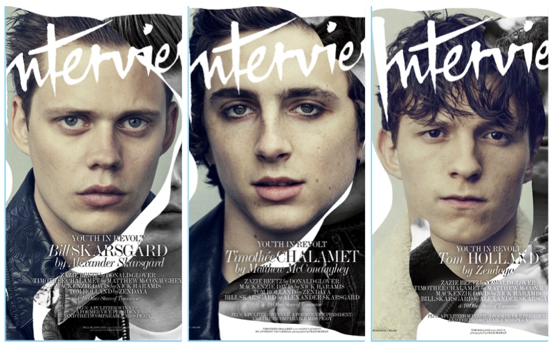 Actors Bill Skarsgård, Timothée Chalamet, and Tom Holland cover the June/July 2017 issue of Interview magazine.