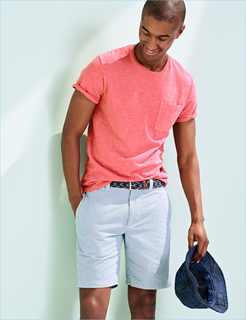 The New Seersucker: Claudio Monteiro sports J.Crew seersucker shorts $75 with a bucket hat $48, and pocket tee $39.50.