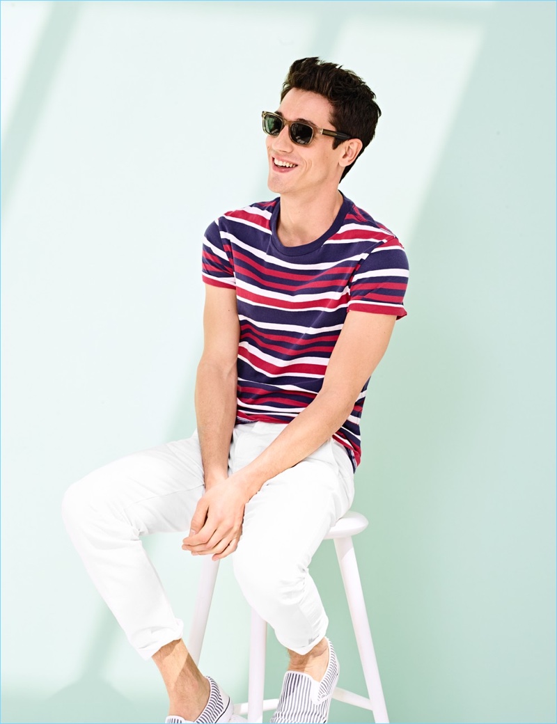 Striped Tees: Nicolas Ripoll wears a J.Crew striped cotton tee $45, chinos $75, sunglasses $118, and striped Vans slip-on sneakers $60.