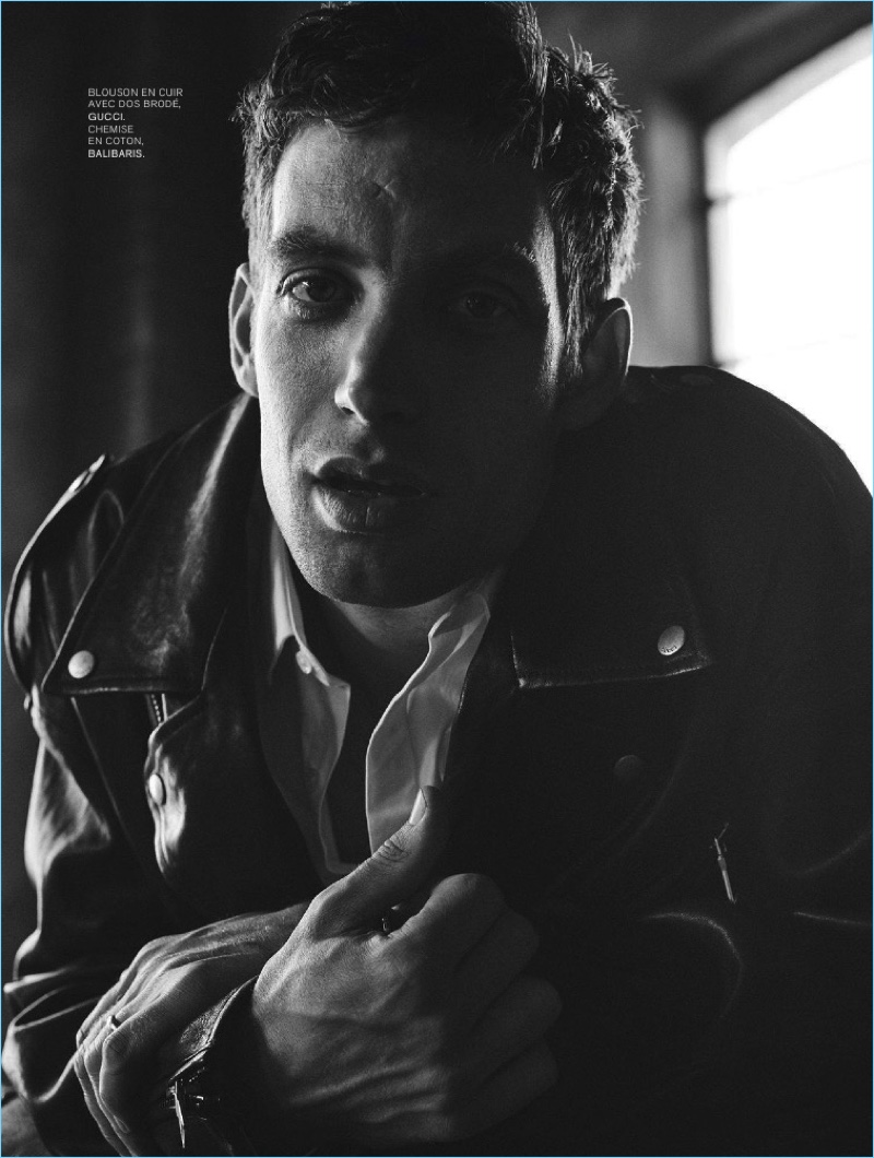 Front and center, James Jagger wears a Gucci leather jacket with a Balibaris shirt. » James Jagger Stars in Black & White L'Express Styles Cover Shoot Front and center, James Jagger wears a Gucci leather jacket with a Balibaris shirt.
