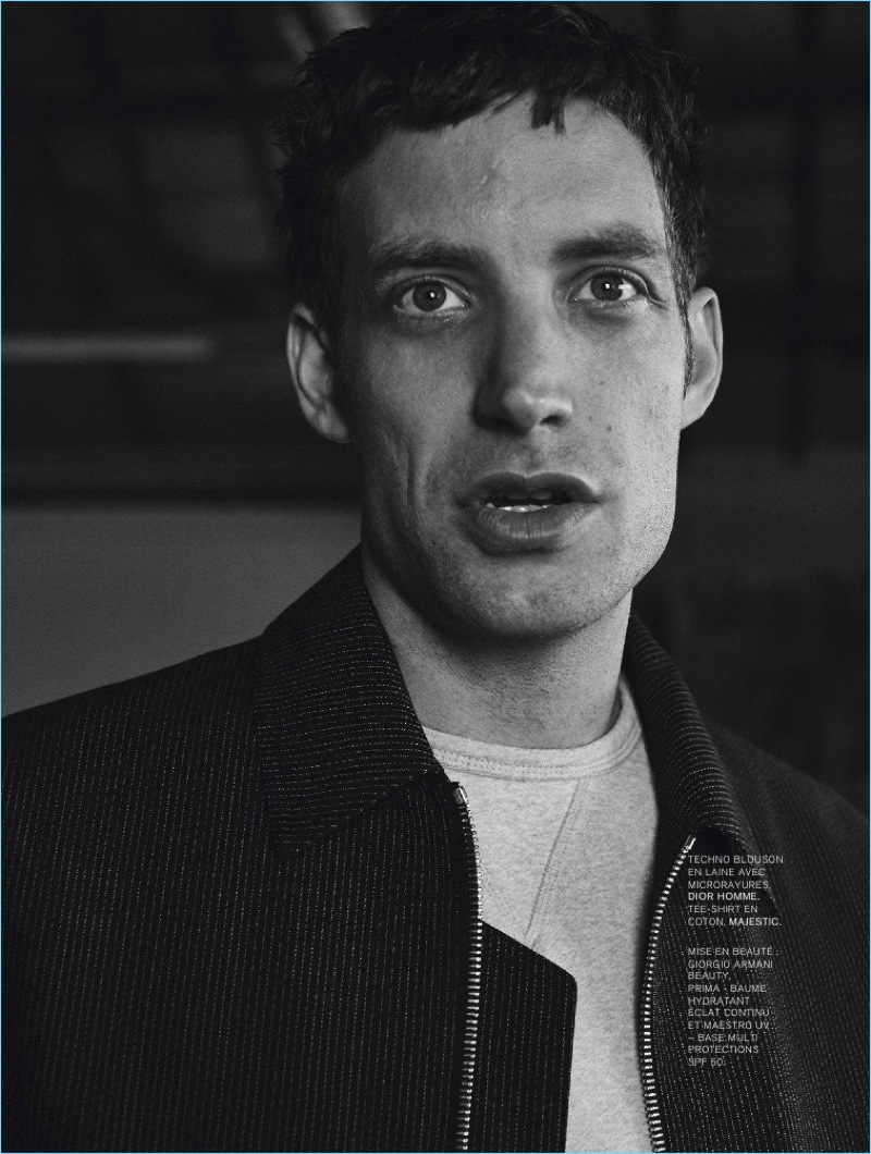 Actor James Jagger wears a blouson jacket by Dior Homme with a Majestic t-shirt.