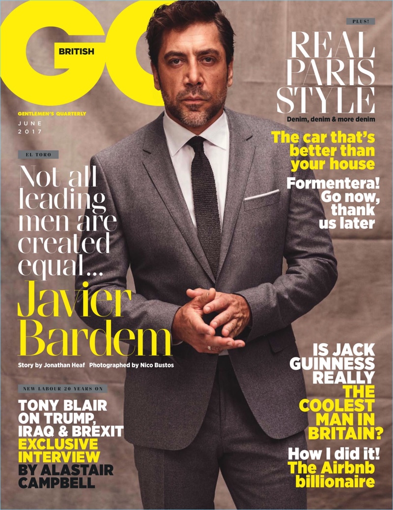 Javier Bardem covers the June 2017 issue of British GQ.