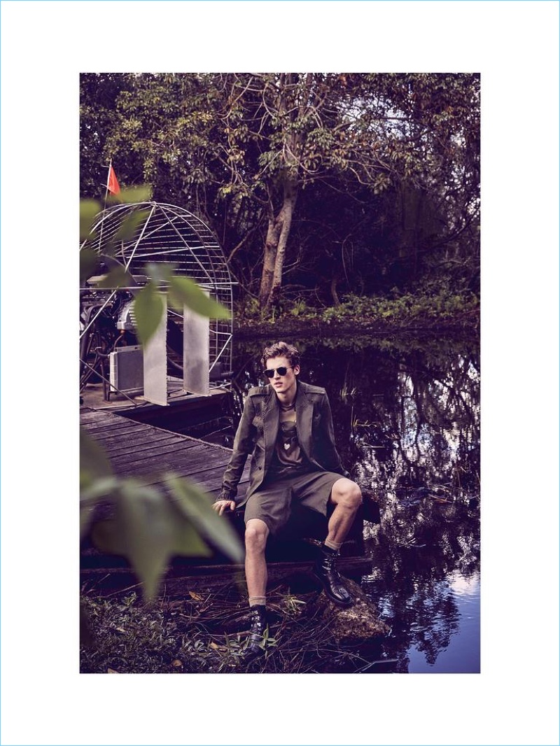 JUUN J jacket £420 and shorts from a selection; 3.1 PHILLIP LIM T-shirt £135; OLIVER PEOPLES sunglasses £263; FALKE socks £13; DRIES VAN NOTEN boots £800