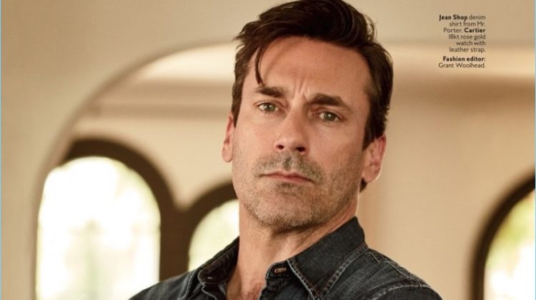 Jon Hamm wears a Jean Shop denim shirt with a Cartier watch.