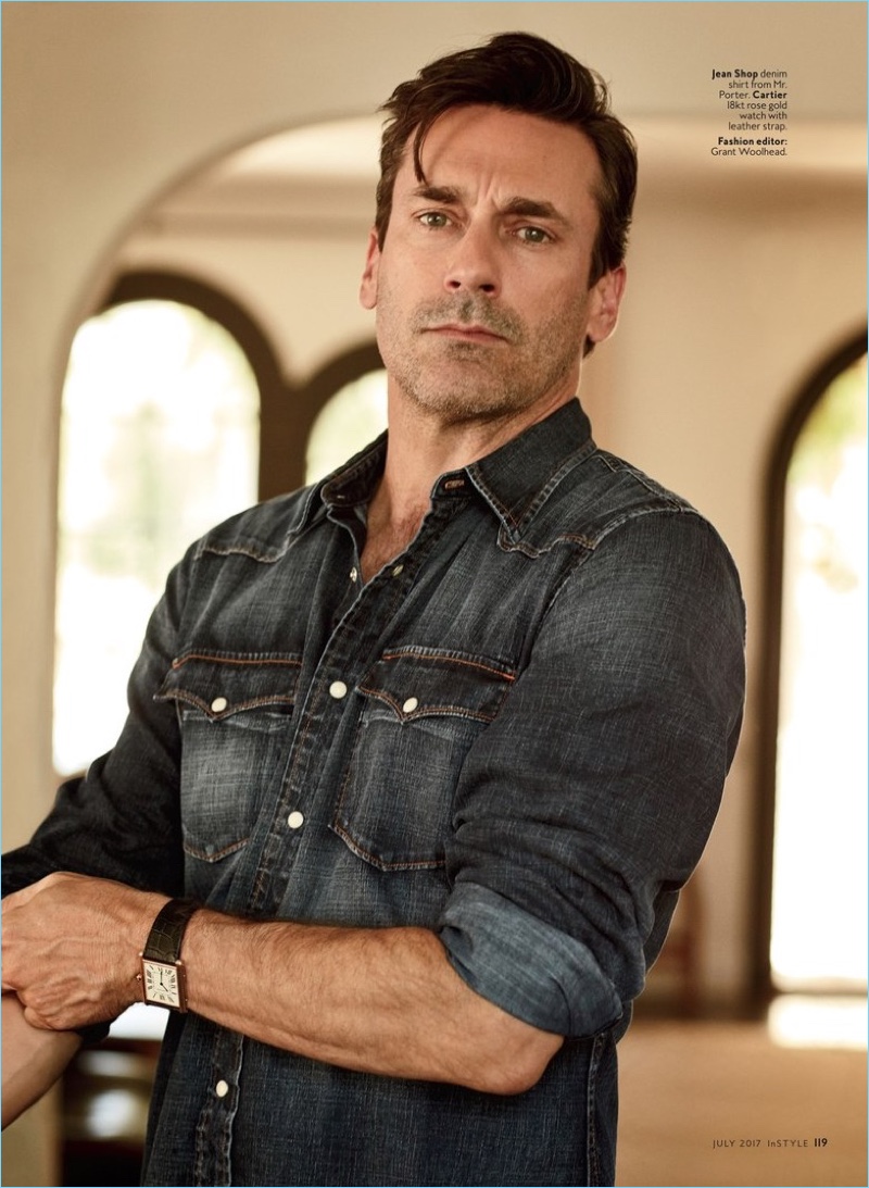 Jon Hamm wears a Jean Shop denim shirt with a Cartier watch.