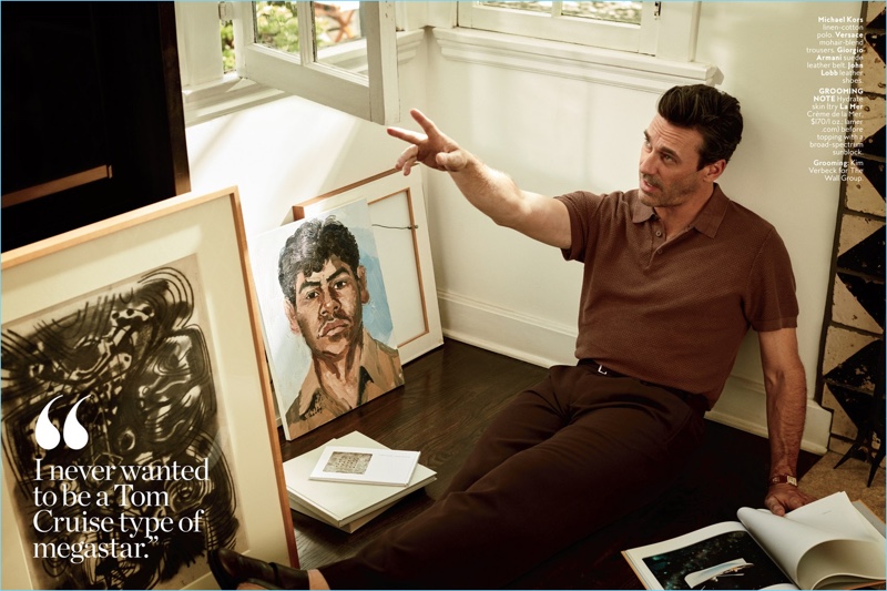 Starring in an InStyle photo shoot, Jon Hamm wears a Michael Kors linen-cotton polo, Versace trousers, a Giorgio Armani belt, and John Lobb leather shoes.