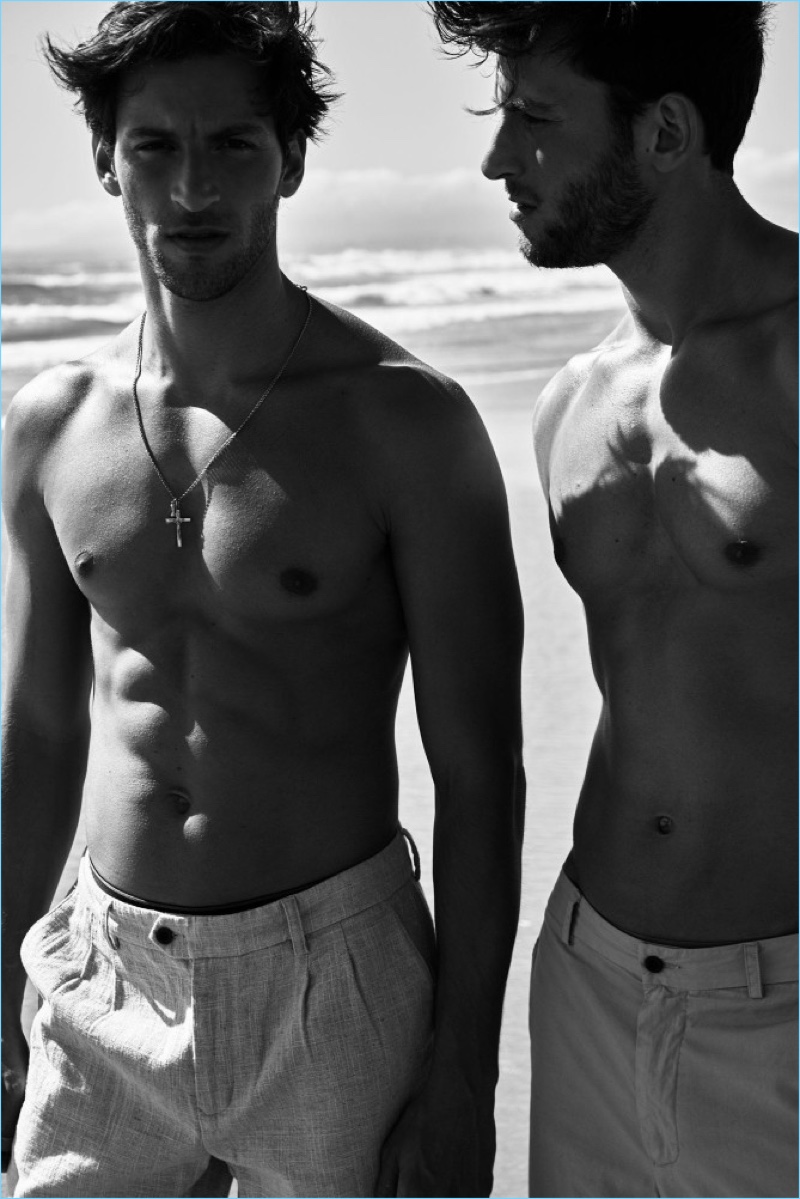 Brothers Jonathan and Kevin Sampaio take to the beach for an editorial in Cristina magazine.