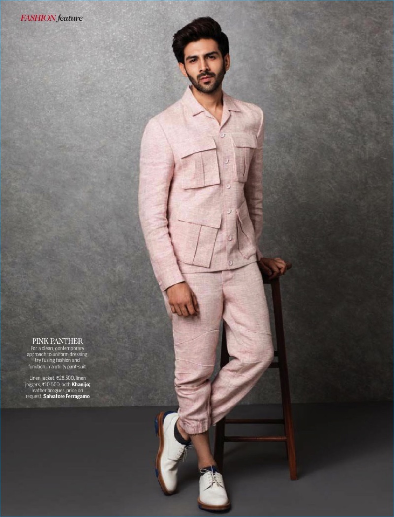 Embracing pink, Kartik Aaryan dons a linen look by Khanijo with Salvatore Ferragamo shoes.