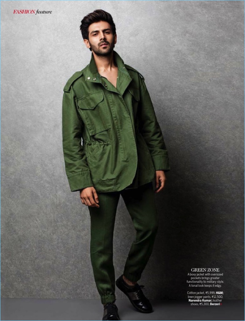 Standing out in green, Kartik Aaryan sports a H&M military-inspired jacket with Narendra Kuma linen pants, and Berzeri shoes.