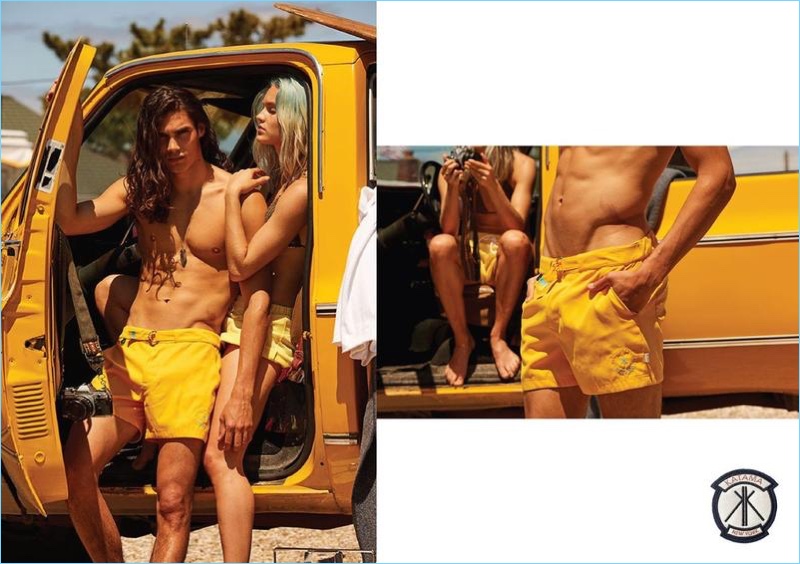 Vito Basso models yellow swim shorts from Katama's collaboration with The Surf Lodge.