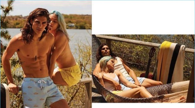 Katama Collaborates with The Surf Lodge on Swimwear Capsule Arnaldo Anaya-Lucca photographs Vito Basso in Katama's Surf Lodge house print swim shorts.