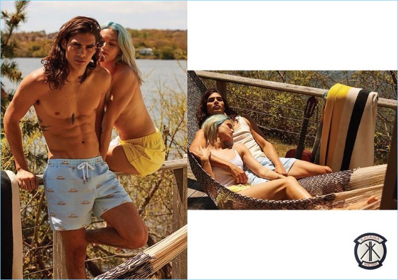 Arnaldo Anaya-Lucca photographs Vito Basso in Katama's Surf Lodge house print swim shorts.