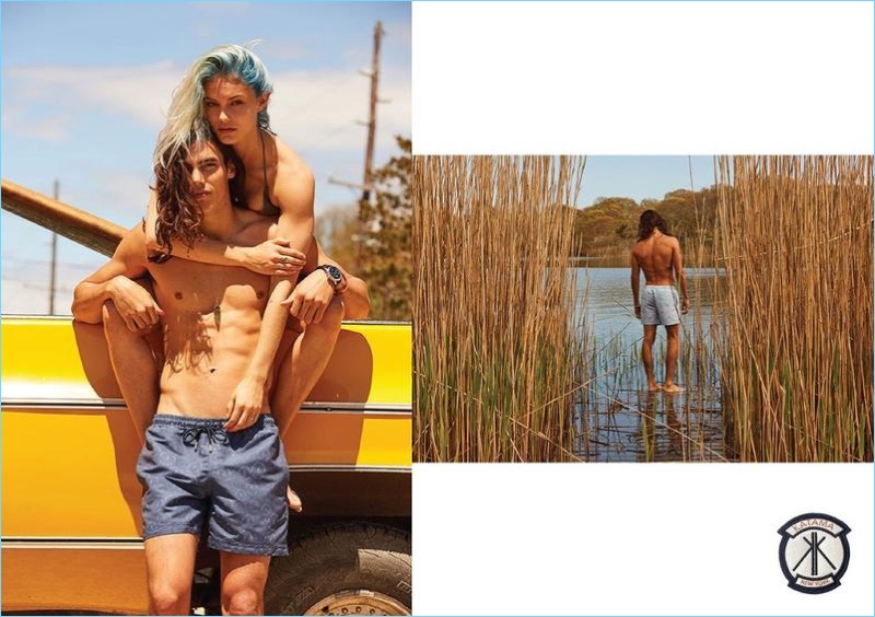 Model Vito Basso wears circle print swim shorts from Katama's Surf Lodge collaboration.