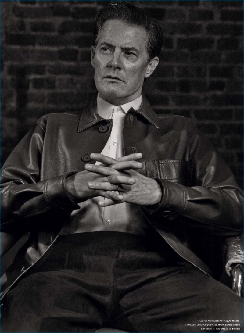 Appearing in a <em>L'Officiel Hommes Italia</em> editorial, Kyle MacLachlan wears a Marni leather jacket with a vintage shirt and Death to Tennis pants.
