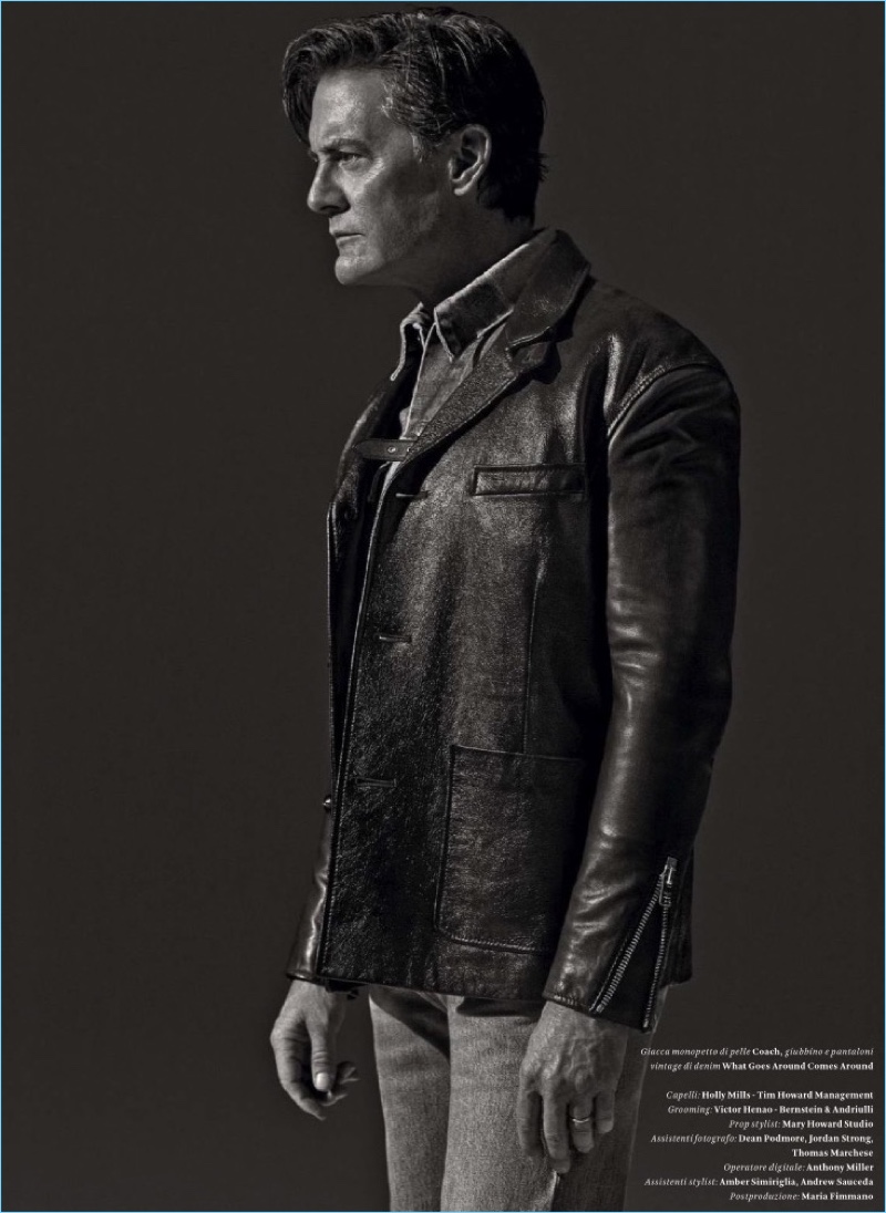 Delivering a strong profile, Kyle MacLachlan wears a Coach leather jacket with a vintage shirt and jeans from What Goes Around Comes Around.