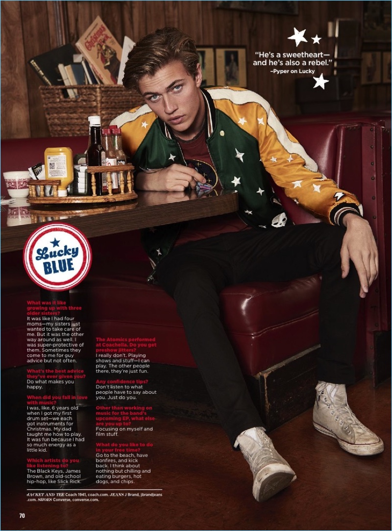 American model Lucky Blue Smith channels retro style in a picture for Seventeen magazine. » Family Style: Lucky Blue Smith + The Atomics for Seventeen American model Lucky Blue Smith channels retro style in a picture for Seventeen magazine.