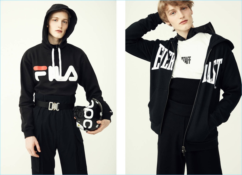Left: Vincent von Schaewen wears a FILA hoodie with Rick Owens tailored cargo pants $1,214. Right: Vincent wears an Everlast x Ports 1961 sweatshirt $259 with a Vetements x Hanes staff t-shirt $450 and Yohji Yamamoto cropped pants $1,476.