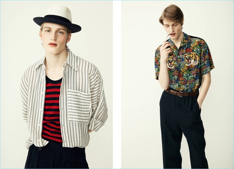Left: Vincent von Schaewen models an oversized stripe shirt with a Gucci tank $390 and Giorgio Armani trousers $1,395. Right: Vincent wears a Gucci bowling shirt $1,280 with Italia Independent sunglasses $217.