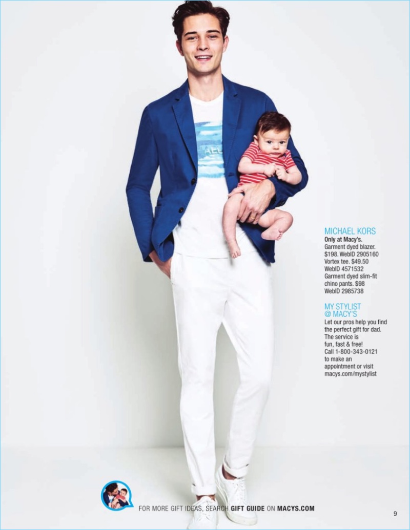 Francisco Lachowski is a smart vision in a Michael Kors sport coat $87.99, graphic t-shirt $20.99, and chinos $43.99.