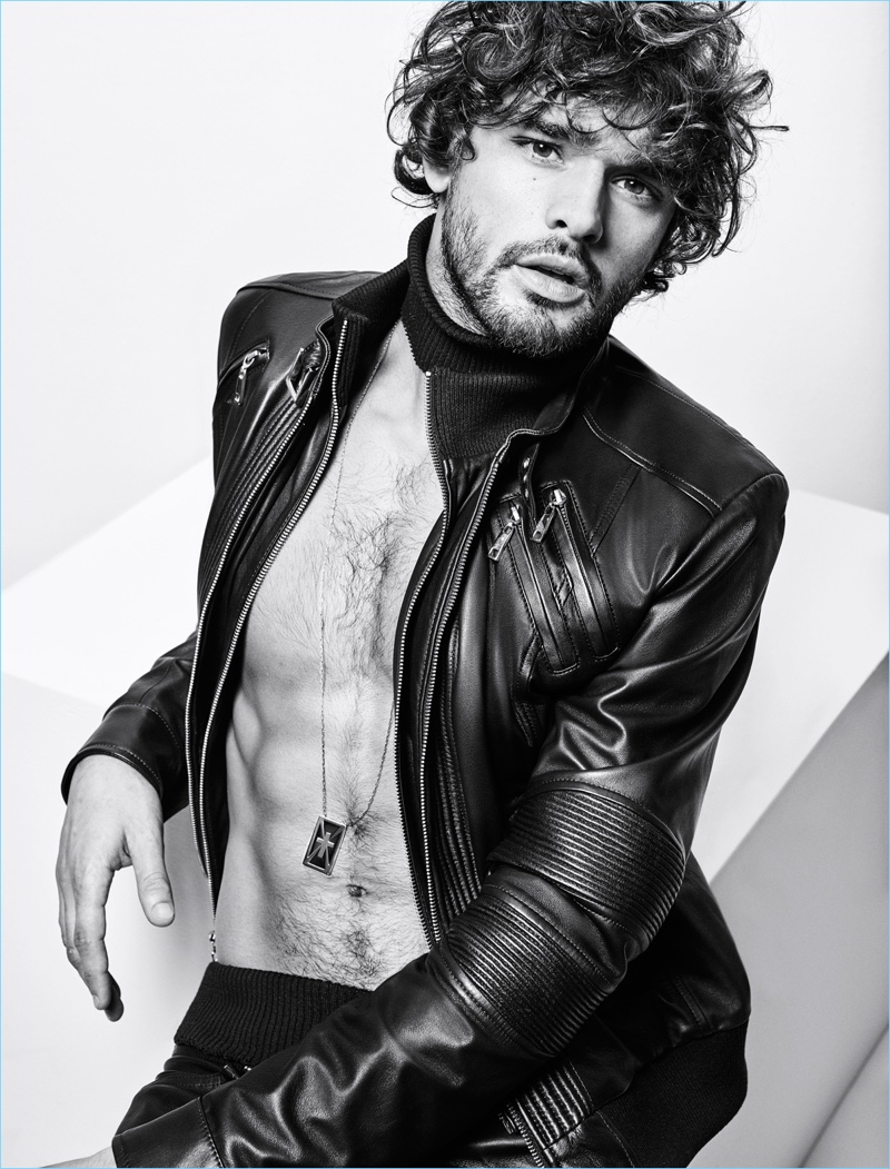 Brazilian model Marlon Teixeira sports a leather jacket for Torinno's new campaign.