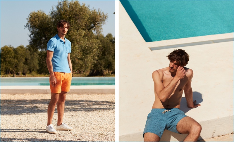 Left: Rodolphe Zanforlini sports an Orlebar Brown terry towel polo shirt $136, Frescobol Carioca tailored swim shorts $179, and white AMI sneakers $213. Right: Rodolphe wears Faherty swim shorts $131.