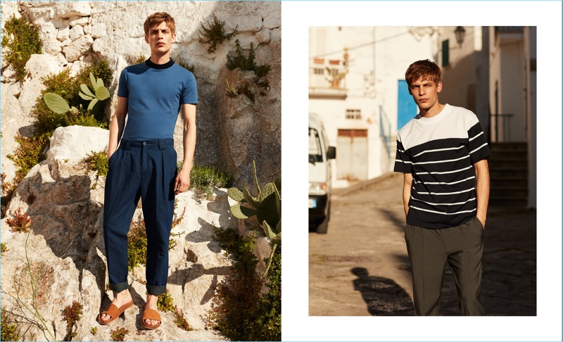 Left: Baptiste Radufe wears a Maison Margiela t-shirt with pleated pants and Saint Laurent suede slides $545. Right: The French model sports an Acne Studios striped t-shirt $112 with Brioni trousers.