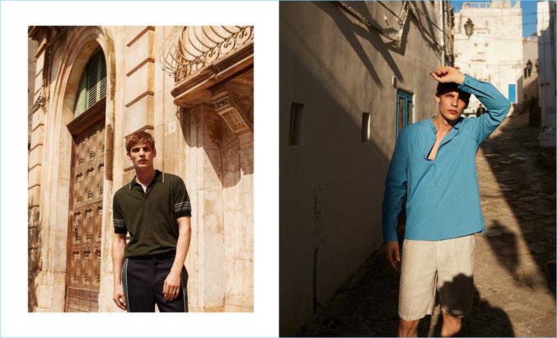 Left: Model Baptiste Radufe wears a striped knit polo and side-striped trousers by Lanvin. Right: Baptiste rocks an Acne Studios shirt with 120% Lino linen shorts.