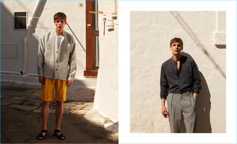 Left: Baptiste Radufe steps out in an oversized linen jacket $415 by Helbers with a James Perse t-shirt $71 and Etro linen shorts $265. He also wears Lemaire leather sandals $280. Right: Baptiste wears a grandad collar shirt $225 by Vince with striped Etro trousers $447.