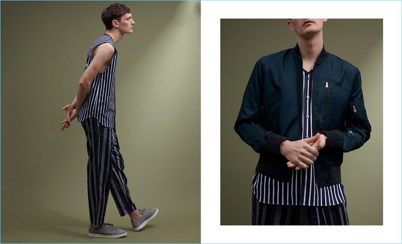 Left: Yannick Abrath wears a Lanvin striped sleeveless shirt $587, Tomorrowland trousers $468, and Adidas Stan Smith sneakers $125. Right: Yannick sports a Paul Smith bomber jacket $950, Lanvin striped sleeveless shirt $587, and Tomorrowland trousers $468.