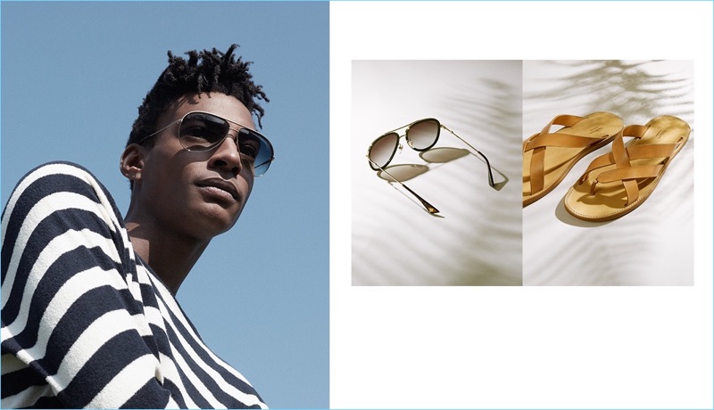 Left: Ty Ogunkoya rocks a De Bonne Facture striped terry cloth sweatshirt $145 with Tom Ford sunglasses. Right: Matches Fashion spotlights Gucci sunglasses with Helbers leather crossover sandals $190.